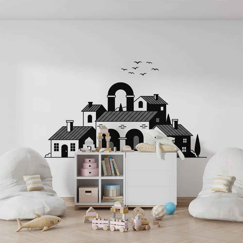 Papier peint chambre enfant | Village stylisé en noir et blanc