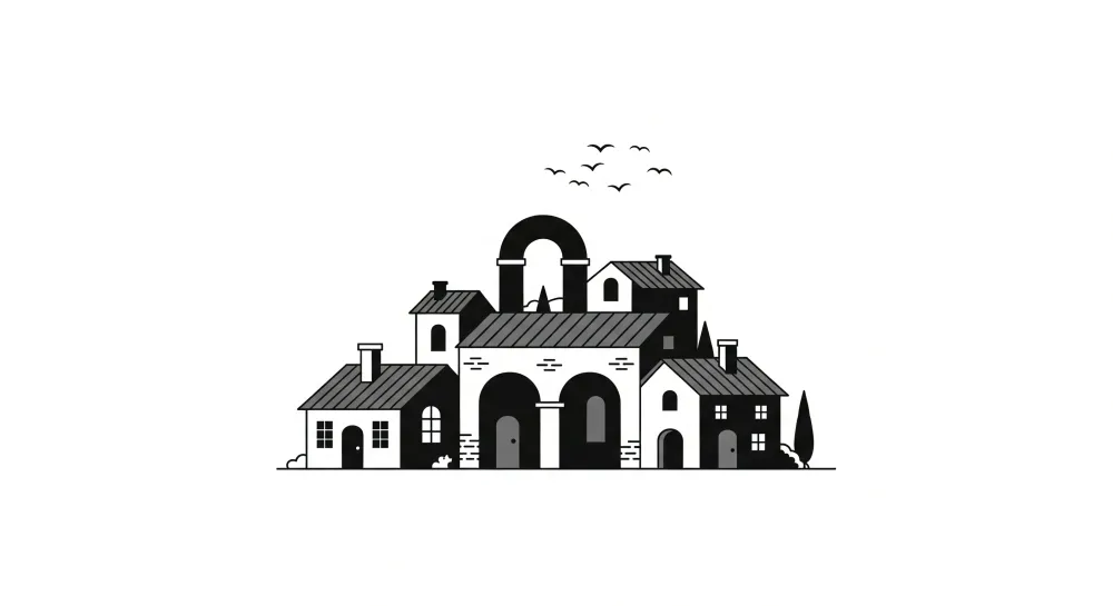 Papier peint chambre enfant | Village stylisé en noir et blanc