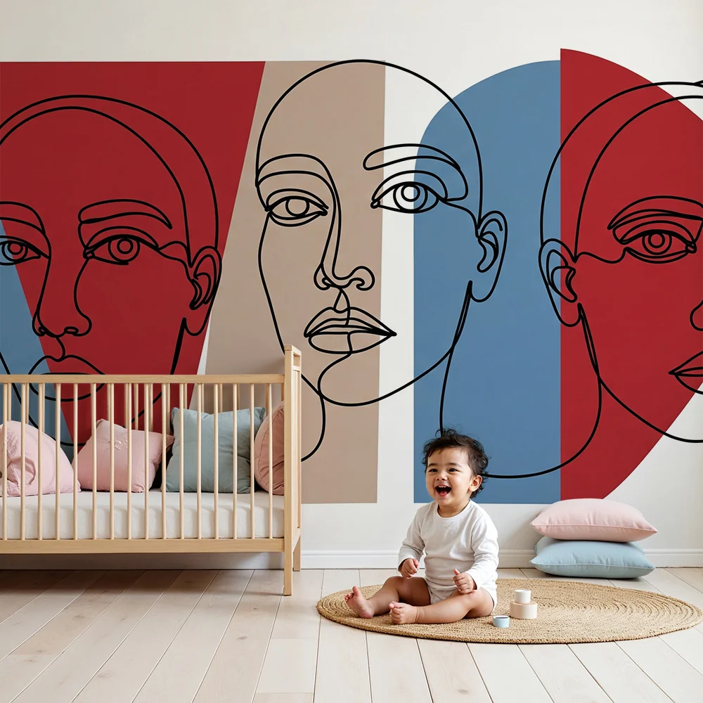 Papier peint chambre enfant | Visages stylisés en lignes avec des couleurs modernes