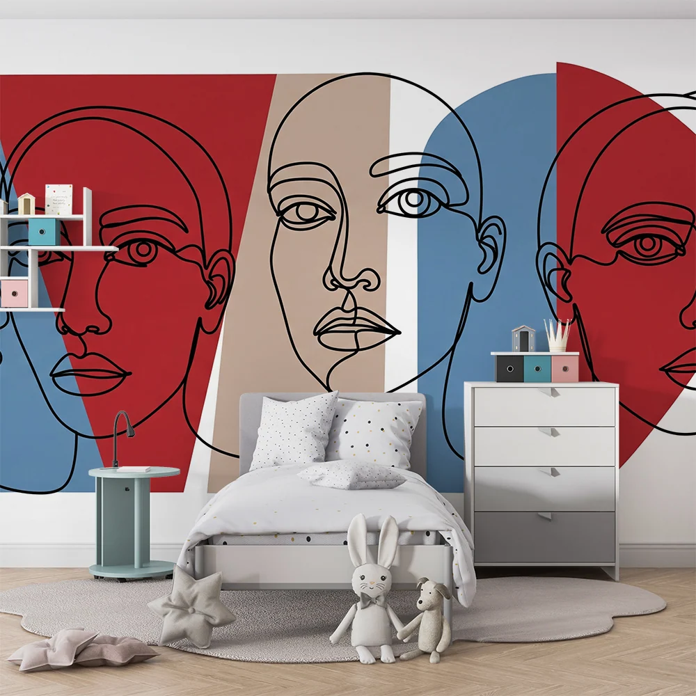 Papier peint chambre enfant | Visages stylisés en lignes avec des couleurs modernes