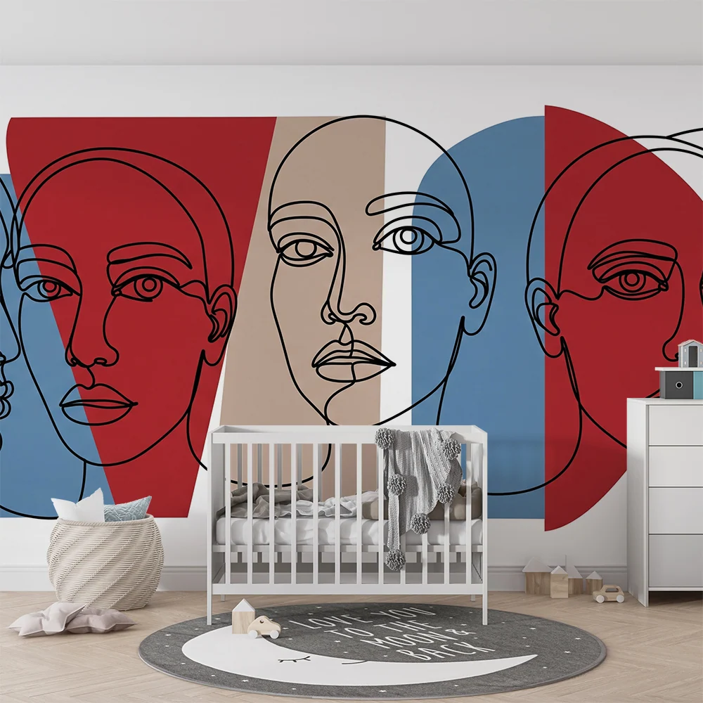 Papier peint chambre enfant | Visages stylisés en lignes avec des couleurs modernes