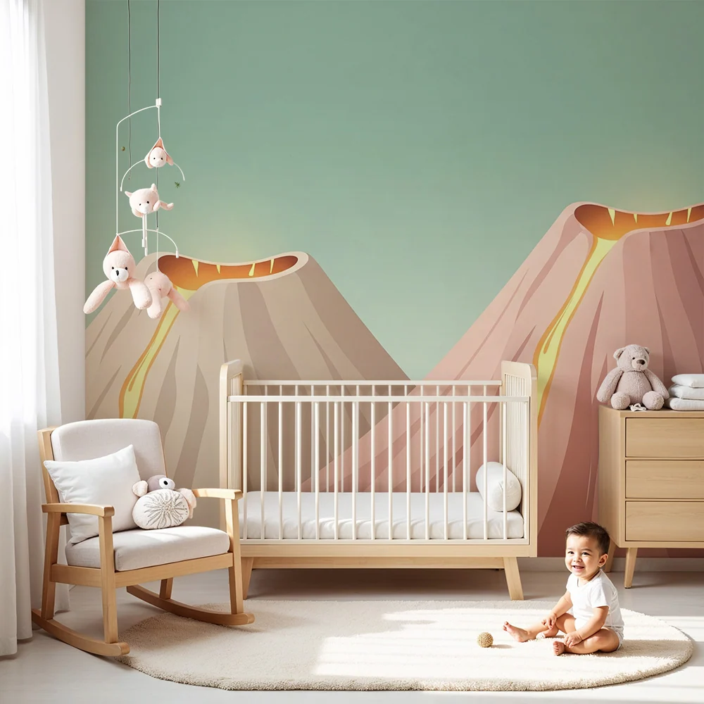Papier peint chambre enfant | Volcans colorés avec éruption stylisée
