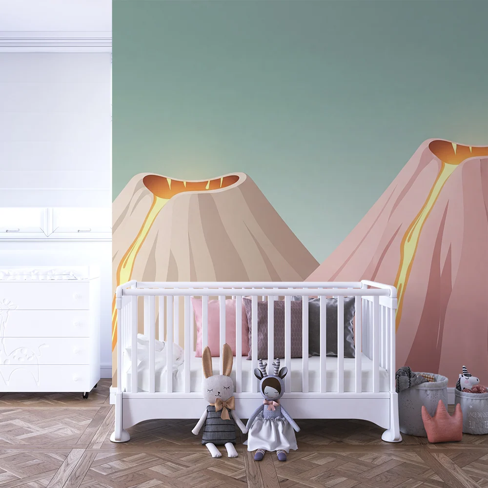 Papier peint chambre enfant | Volcans colorés avec éruption stylisée