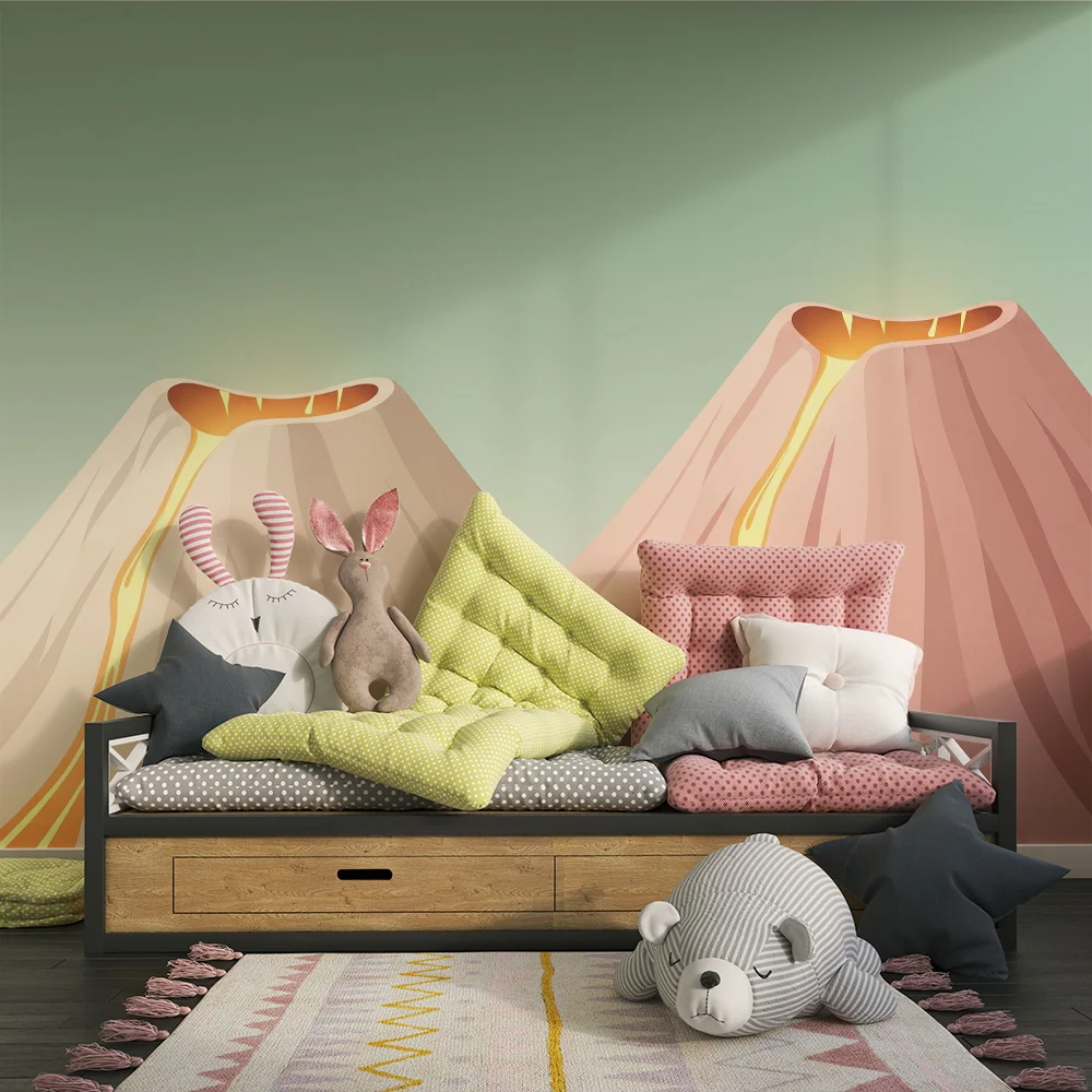 Papier peint chambre enfant | Volcans colorés avec éruption stylisée
