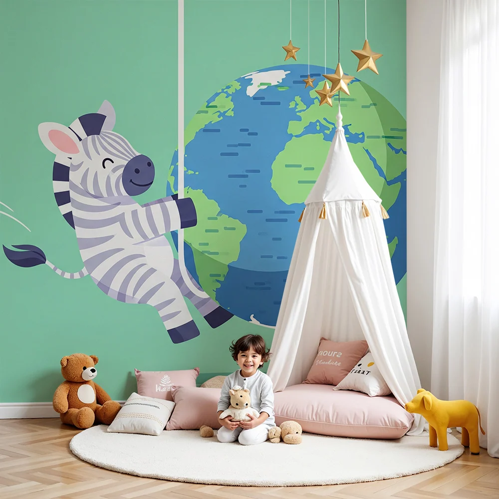 Papier peint chambre enfant | Zèbre joyeux s'accrochant à la Terre