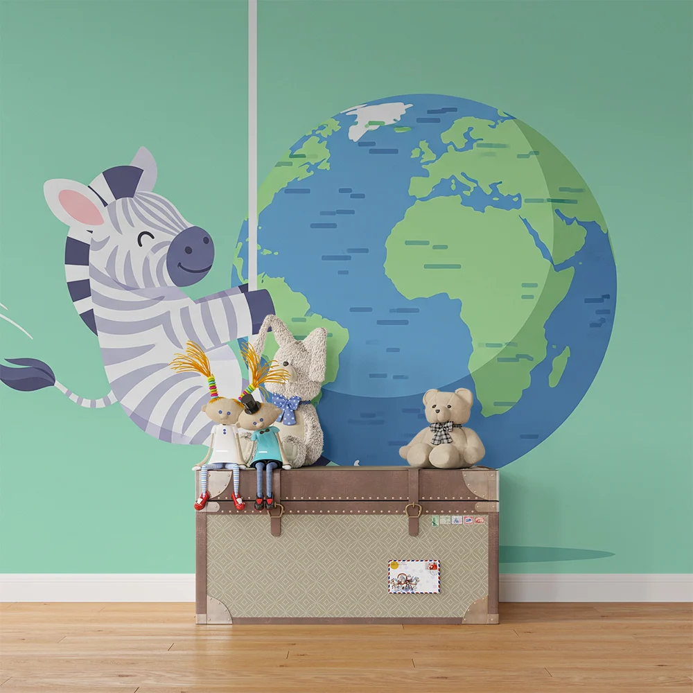 Papier peint chambre enfant | Zèbre joyeux s'accrochant à la Terre
