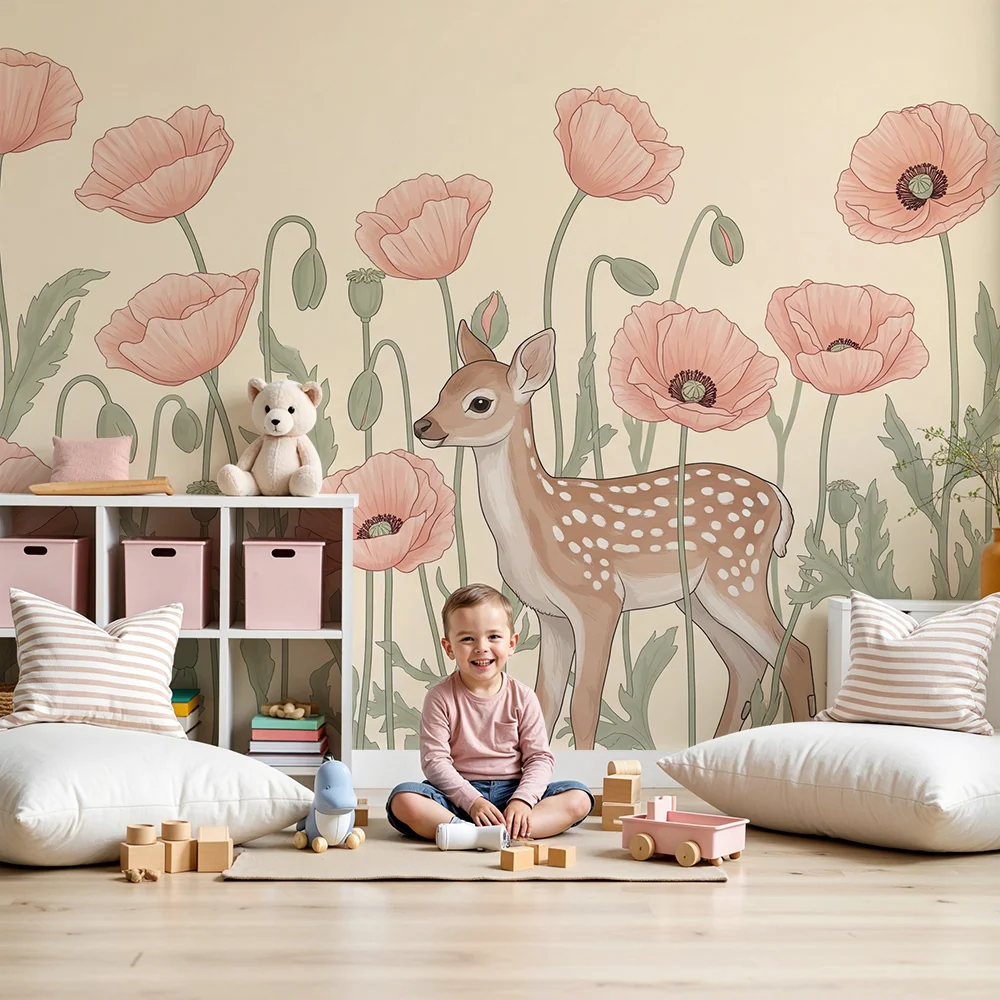 Papier peint chambre bébé | Faon et pavots en fleurs