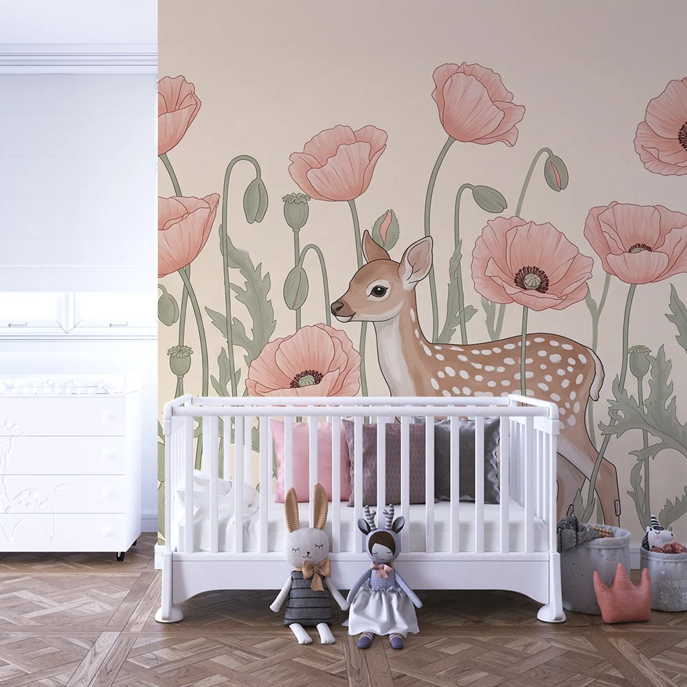 Papier peint chambre bébé | Faon et pavots en fleurs