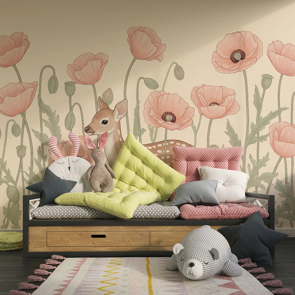 Papier peint chambre bébé | Faon et pavots en fleurs