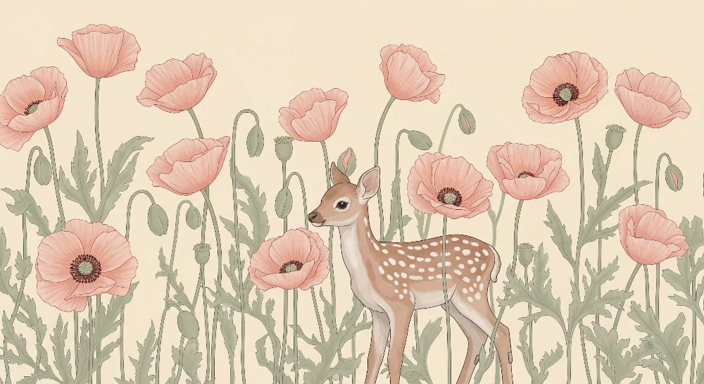 Papier peint chambre bébé | Faon et pavots en fleurs