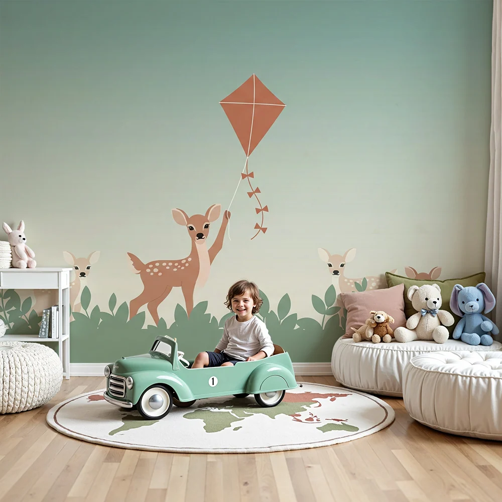 Papier peint chambre bébé | Faons joyeux et ciel apaisant