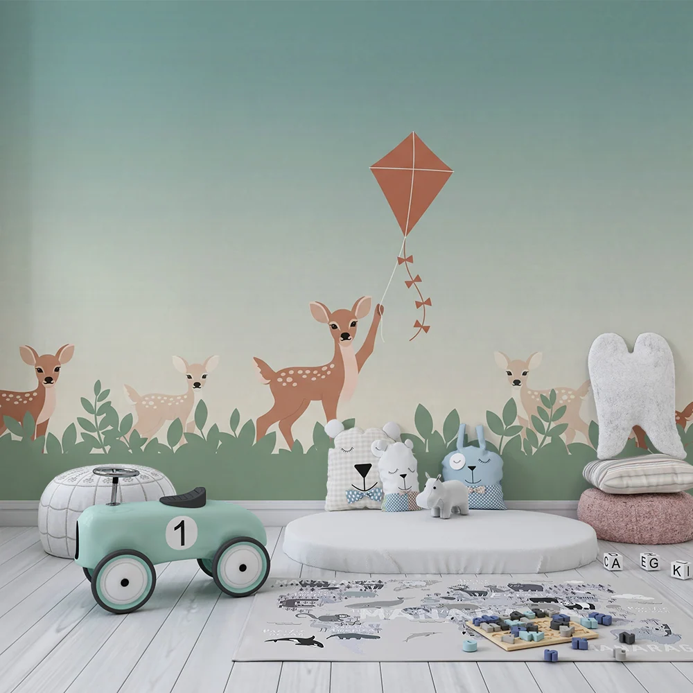 Papier peint chambre bébé | Faons joyeux et ciel apaisant