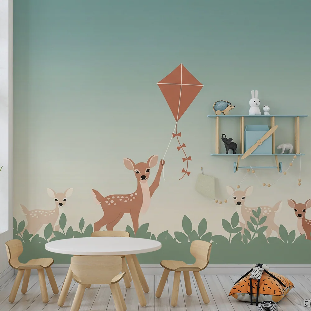Papier peint chambre bébé | Faons joyeux et ciel apaisant