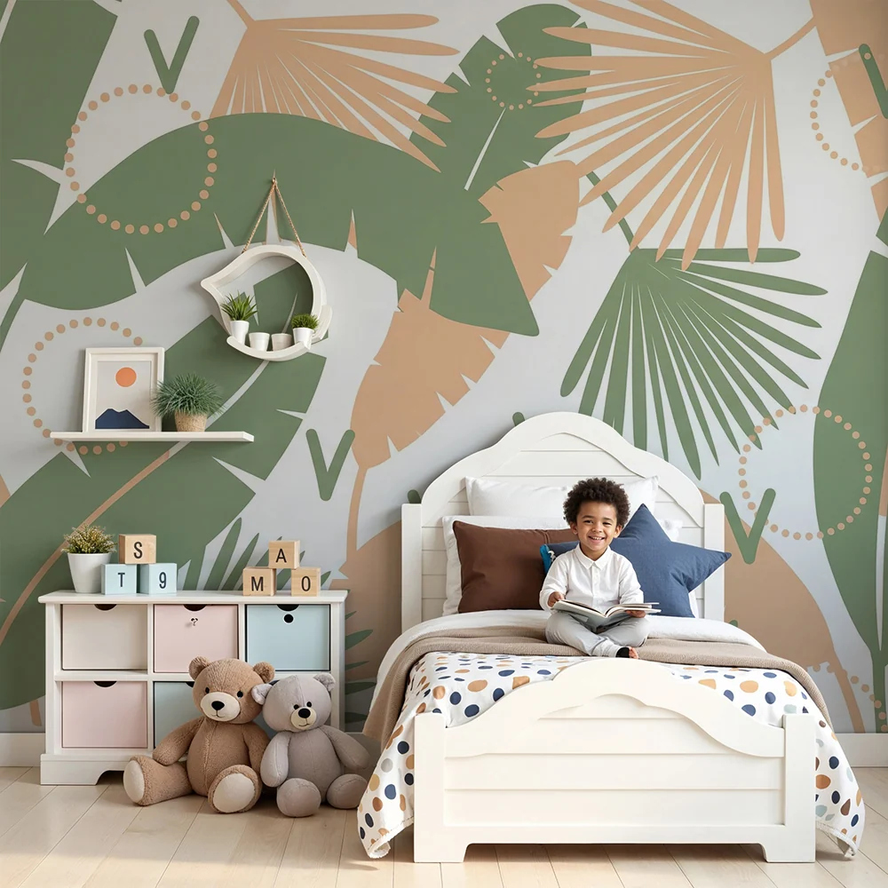 Papier peint chambre bébé | Feuilles tropicales aux teintes douces et modernes