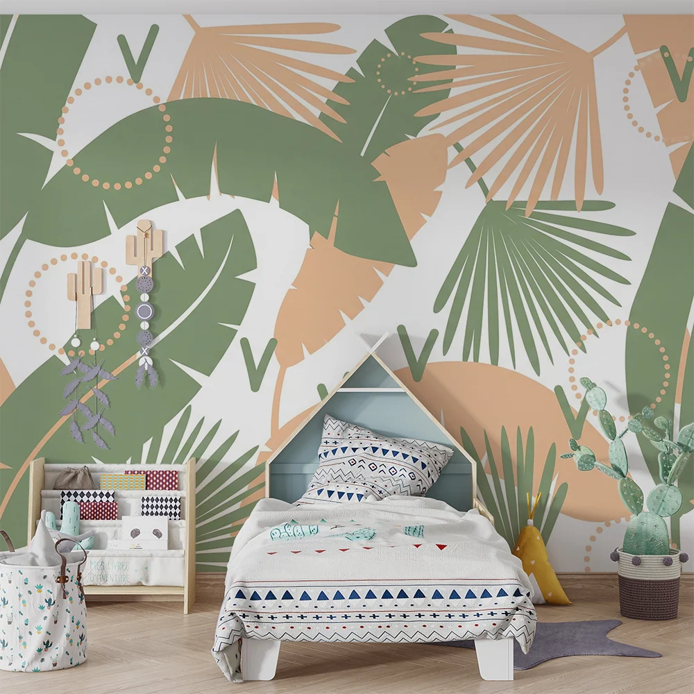 Papier peint chambre bébé | Feuilles tropicales aux teintes douces et modernes