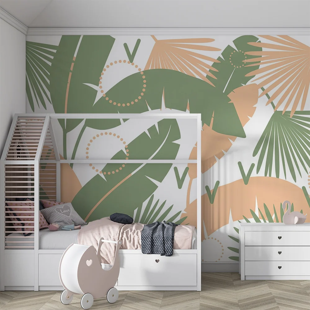 Papier peint chambre bébé | Feuilles tropicales aux teintes douces et modernes