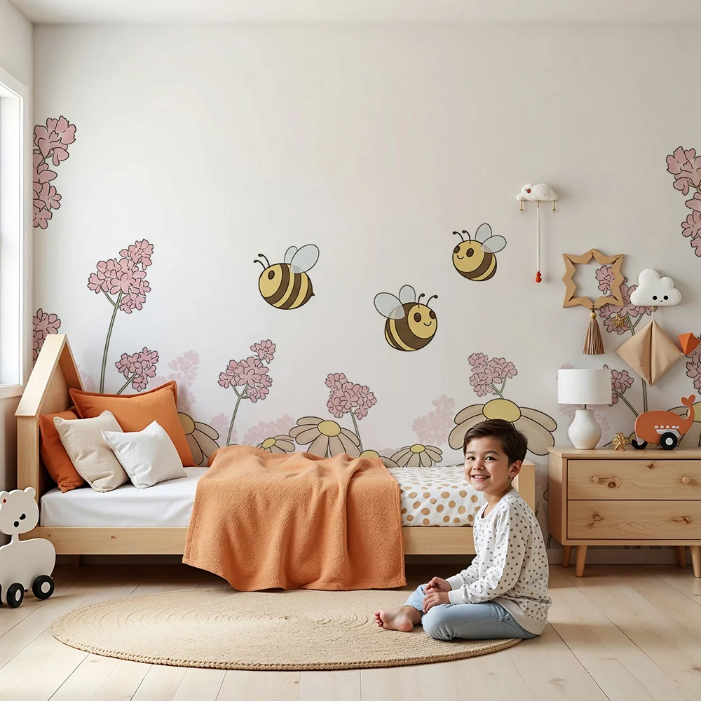 Papier peint chambre bébé | Fleurs et abeilles joyeuses