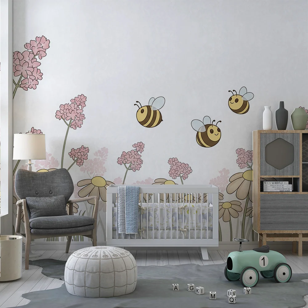 Papier peint chambre bébé | Fleurs et abeilles joyeuses