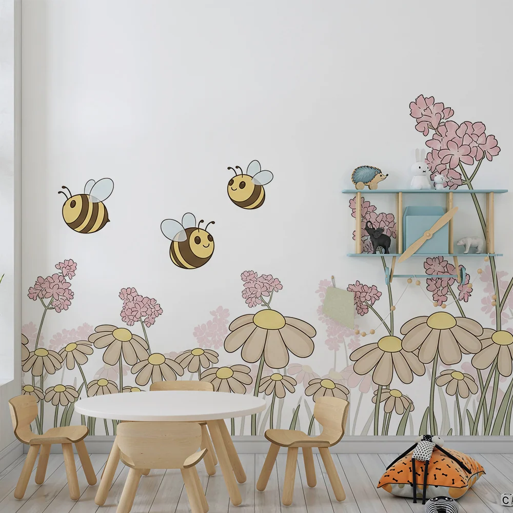 Papier peint chambre bébé | Fleurs et abeilles joyeuses