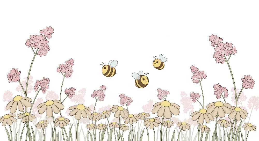 Papier peint chambre bébé | Fleurs et abeilles joyeuses