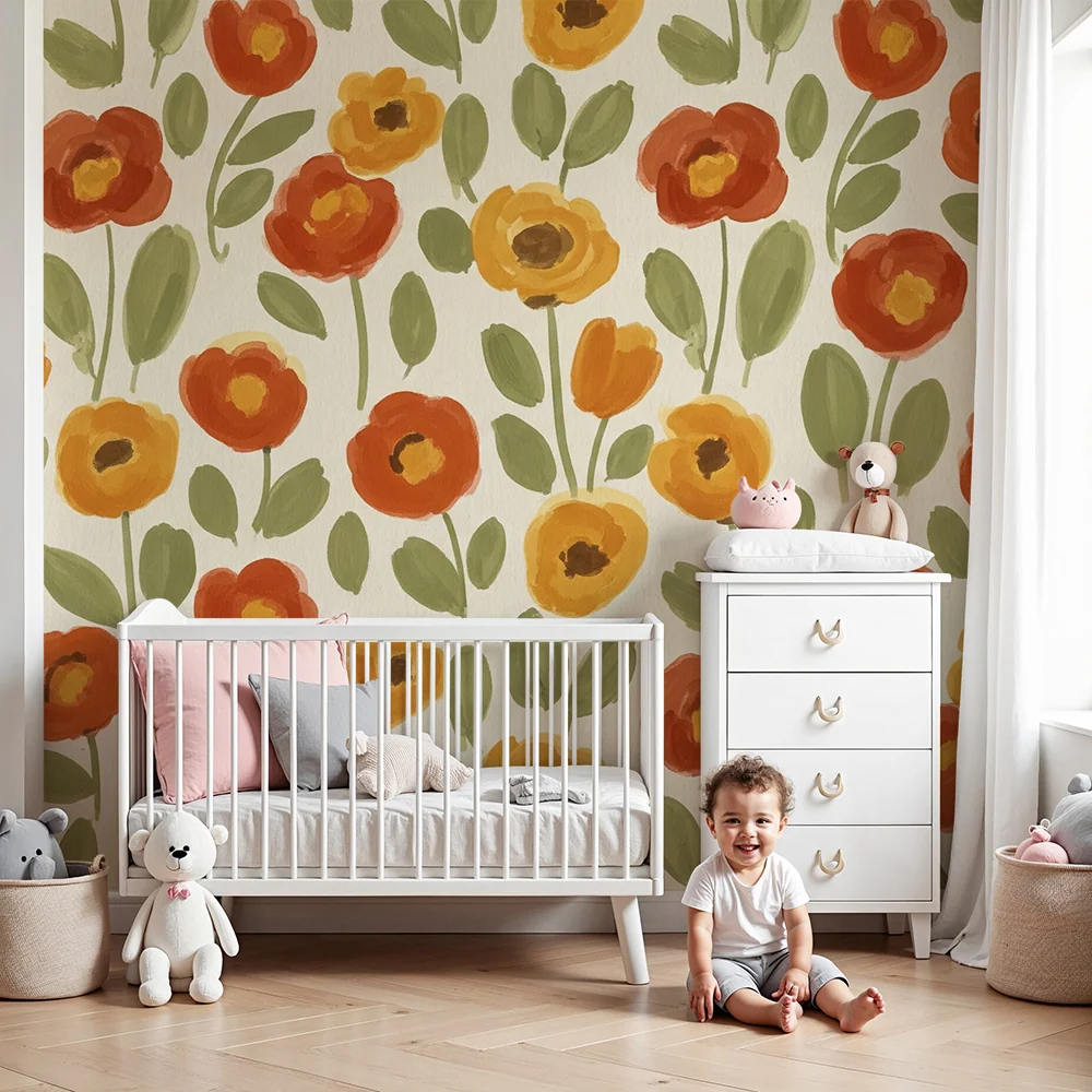 Papier peint chambre bébé | Fleurs colorées sur fond crème pour une ambiance douce
