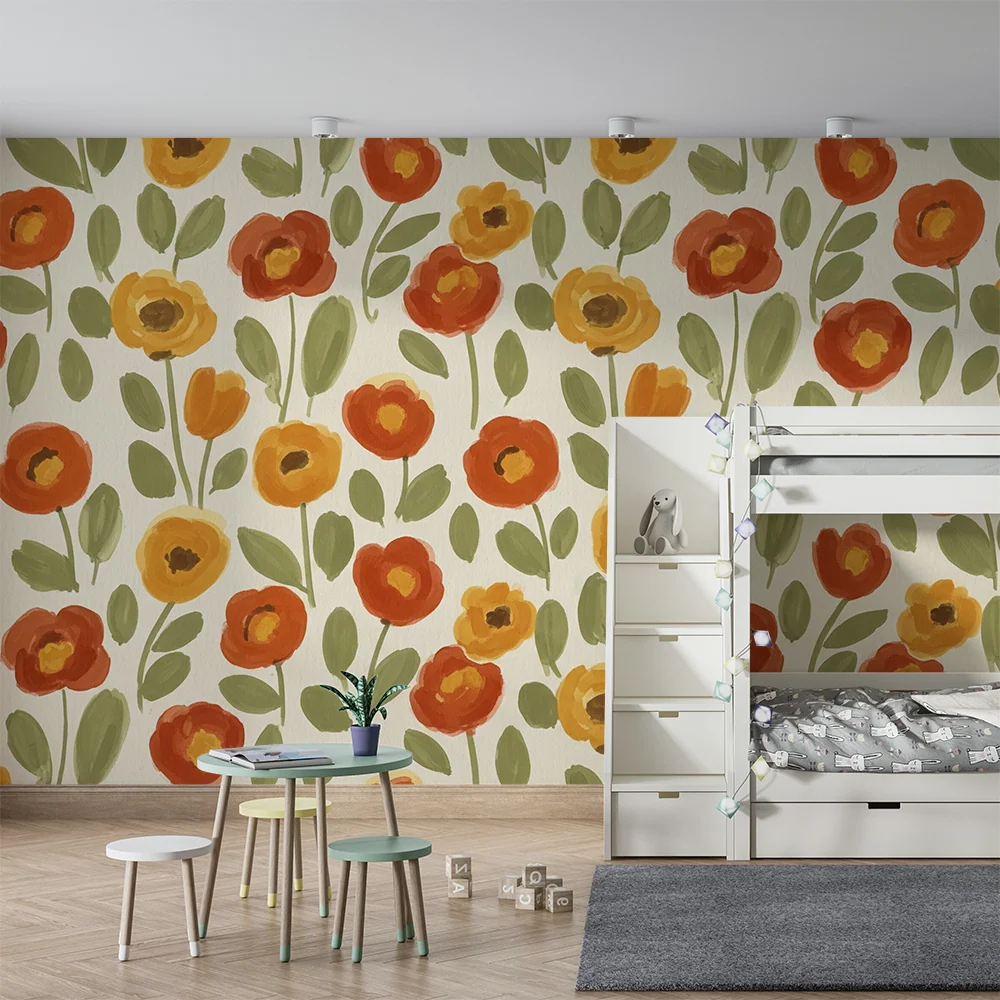 Papier peint chambre bébé | Fleurs colorées sur fond crème pour une ambiance douce