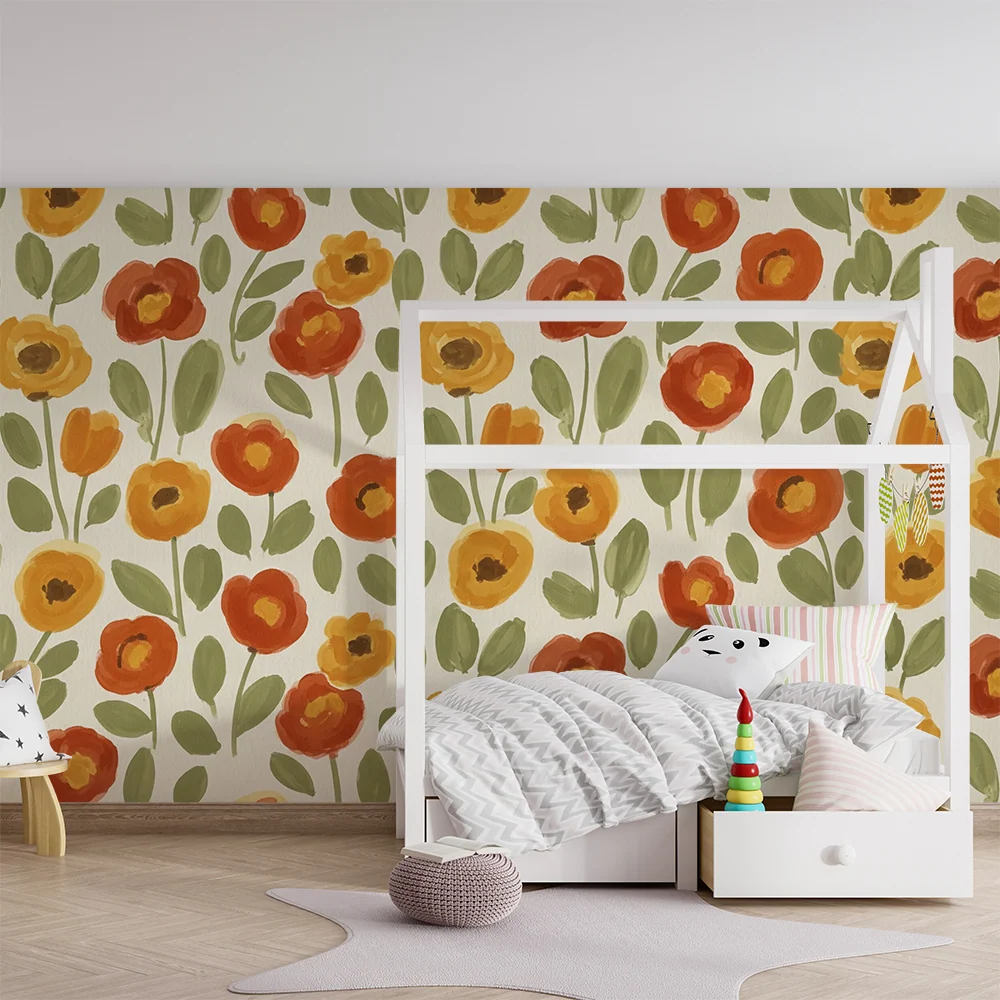 Papier peint chambre bébé | Fleurs colorées sur fond crème pour une ambiance douce