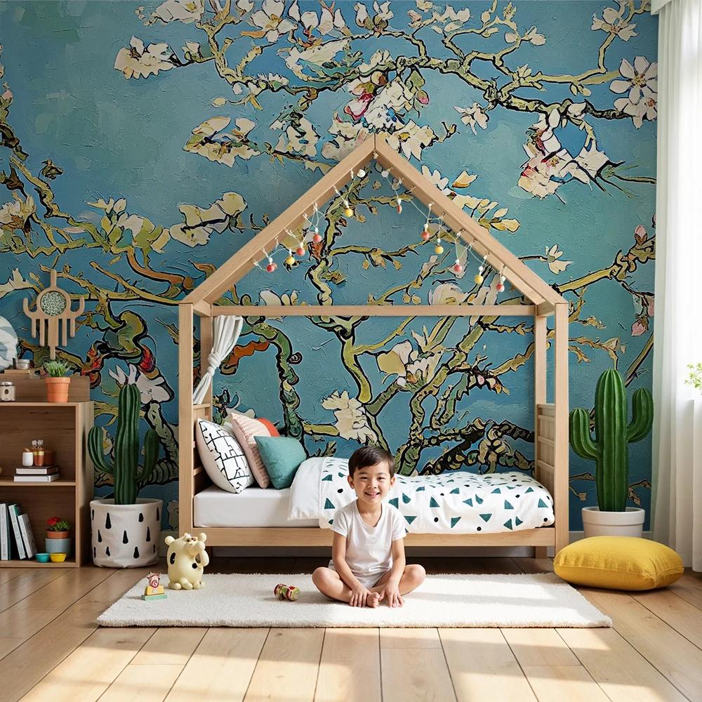 Papier peint chambre bébé | Fleurs d'amandier sur fond bleu apaisant