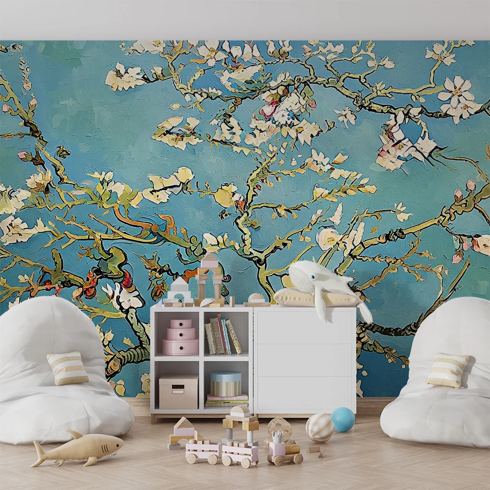 Papier peint chambre bébé | Fleurs d'amandier sur fond bleu apaisant