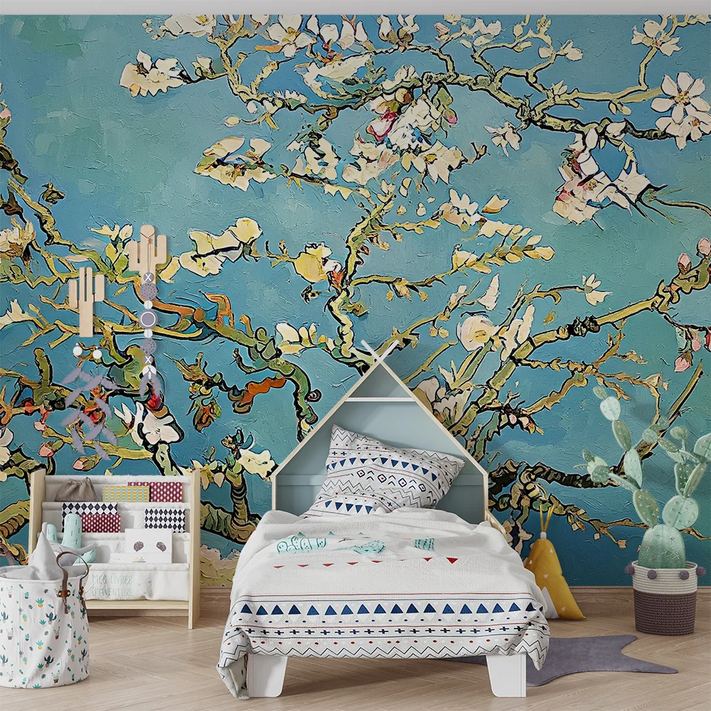 Papier peint chambre bébé | Fleurs d'amandier sur fond bleu apaisant