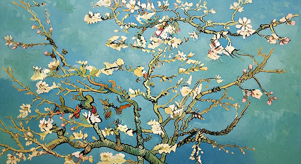 Papier peint chambre bébé | Fleurs d'amandier sur fond bleu apaisant