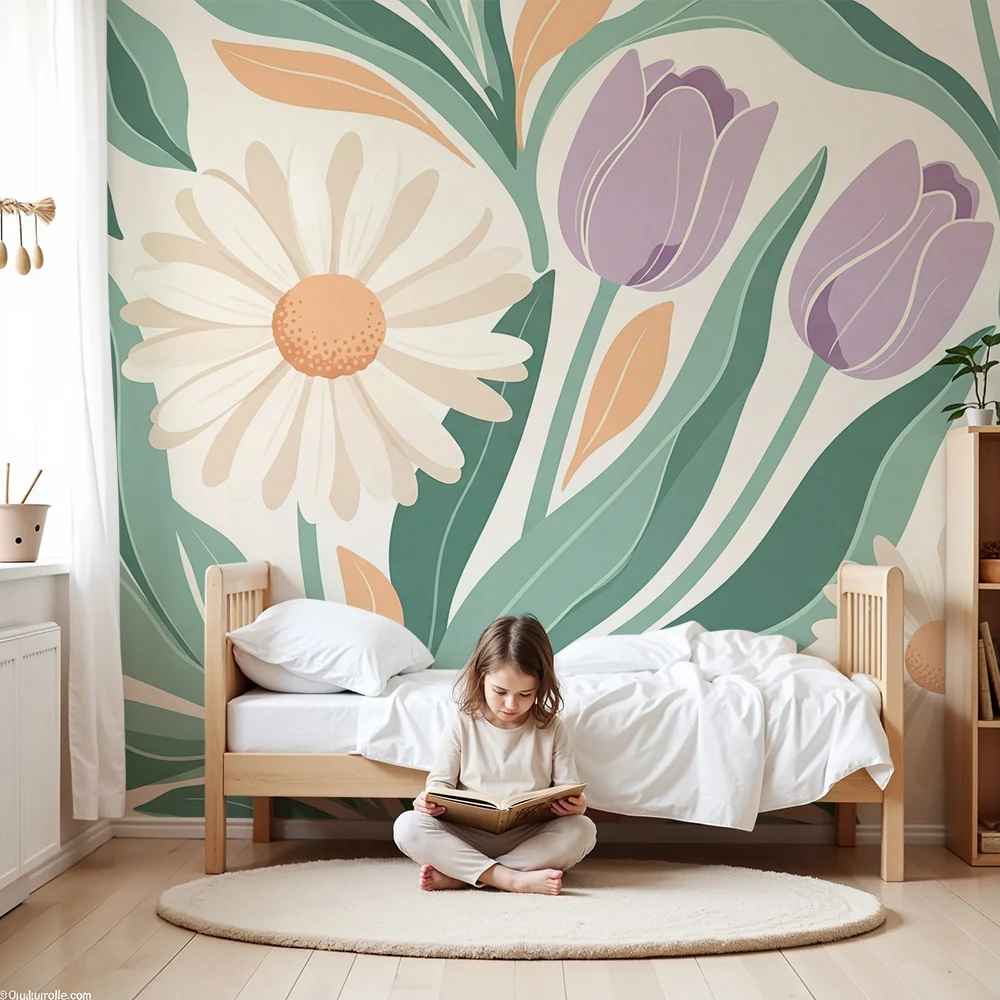 Papier peint chambre bébé | Fleurs délicates et feuillage apaisant