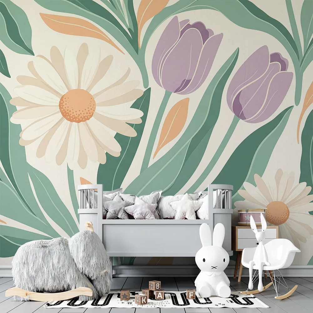 Papier peint chambre bébé | Fleurs délicates et feuillage apaisant