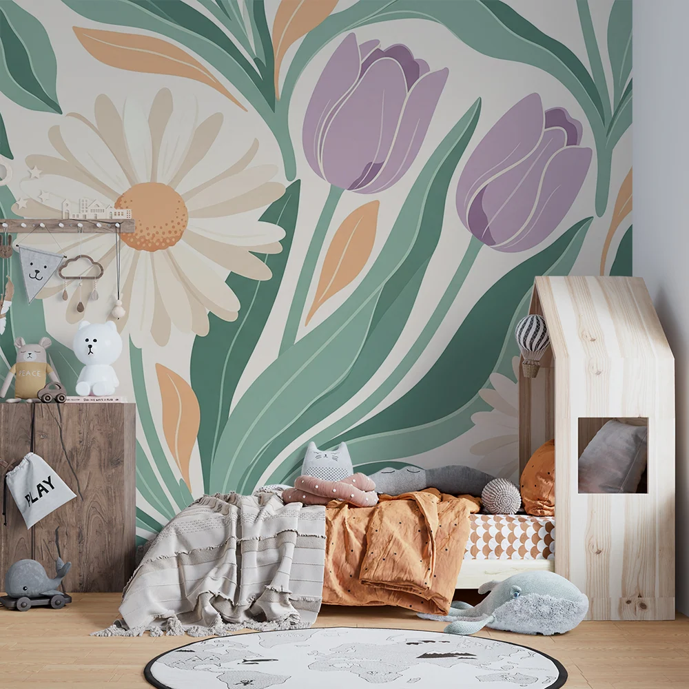 Papier peint chambre bébé | Fleurs délicates et feuillage apaisant