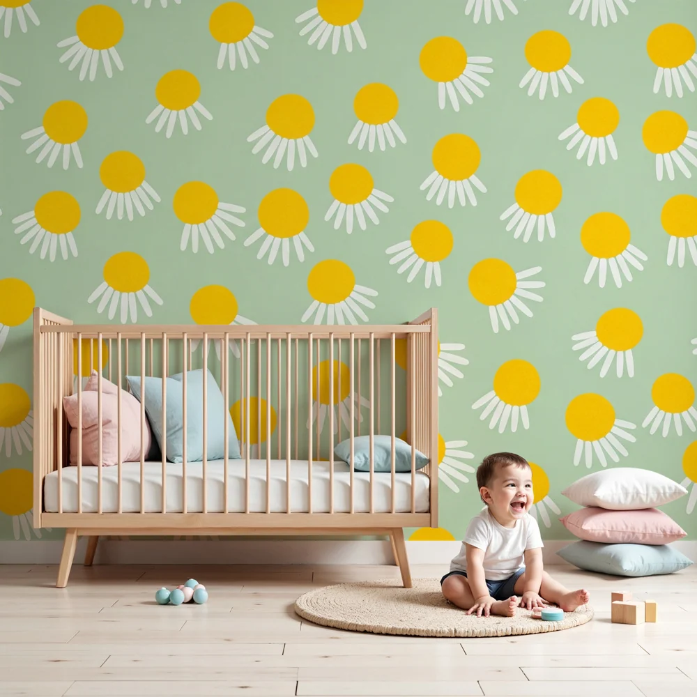 Papier peint chambre bébé | Fleurs ensoleillées sur fond doux