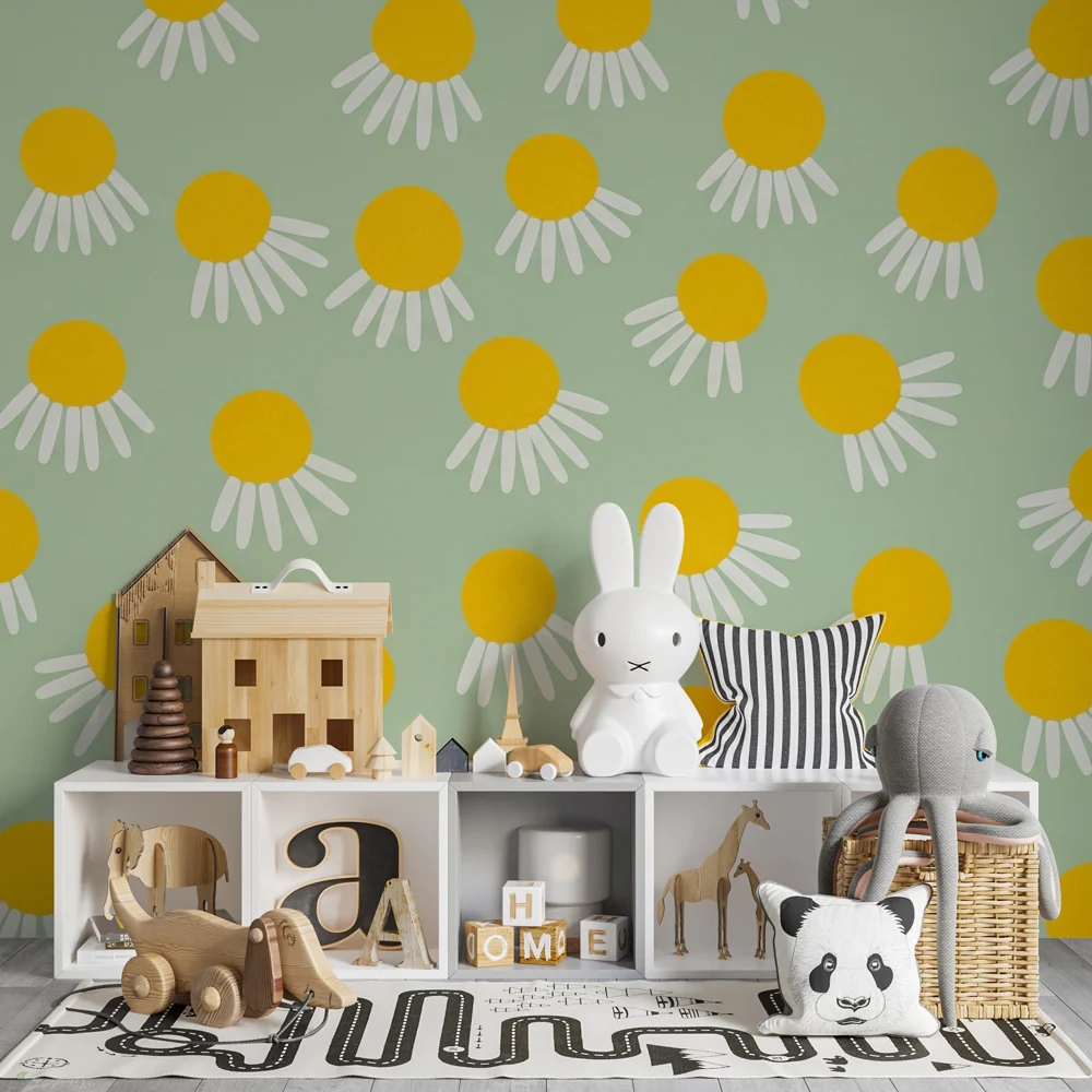 Papier peint chambre bébé | Fleurs ensoleillées sur fond doux