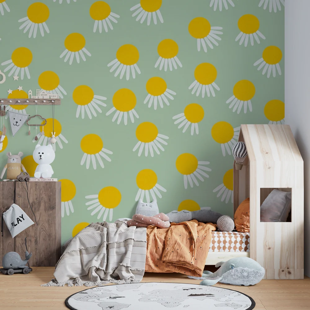 Papier peint chambre bébé | Fleurs ensoleillées sur fond doux