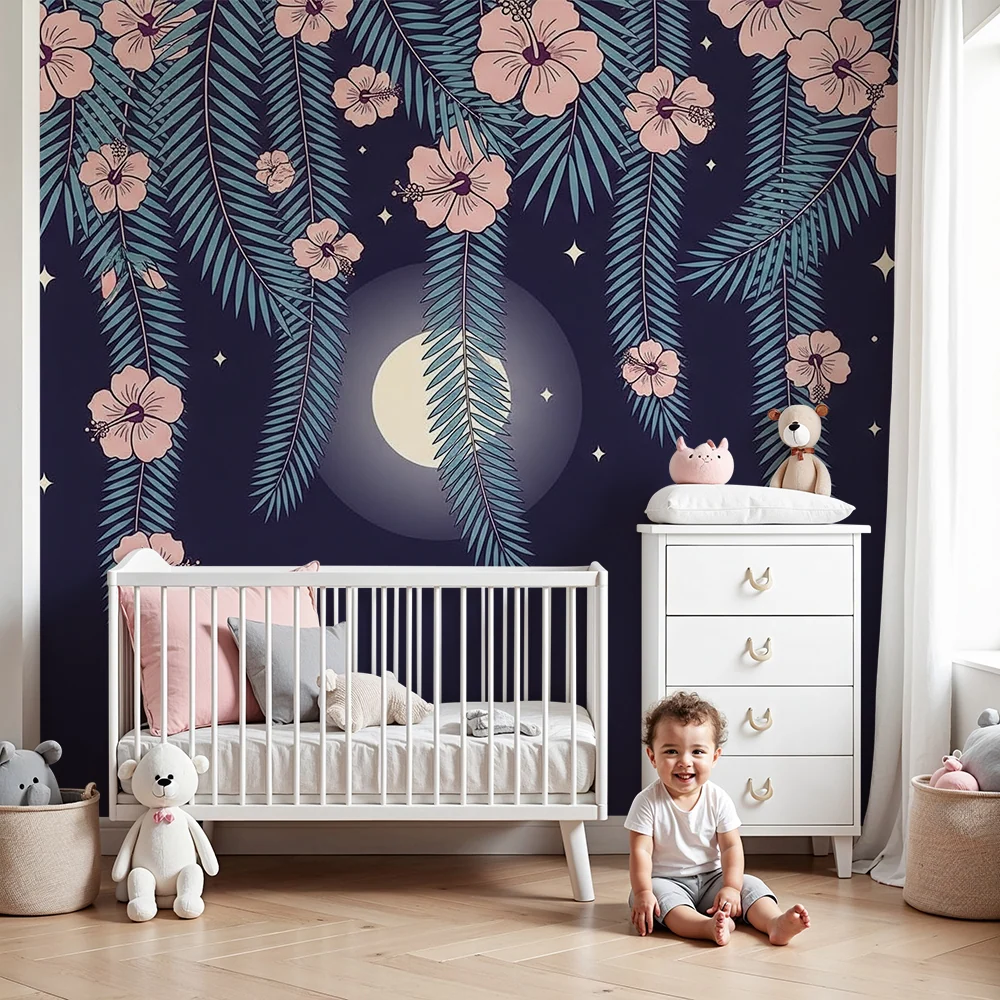 Papier peint chambre bébé | Fleurs exotiques sous la lune