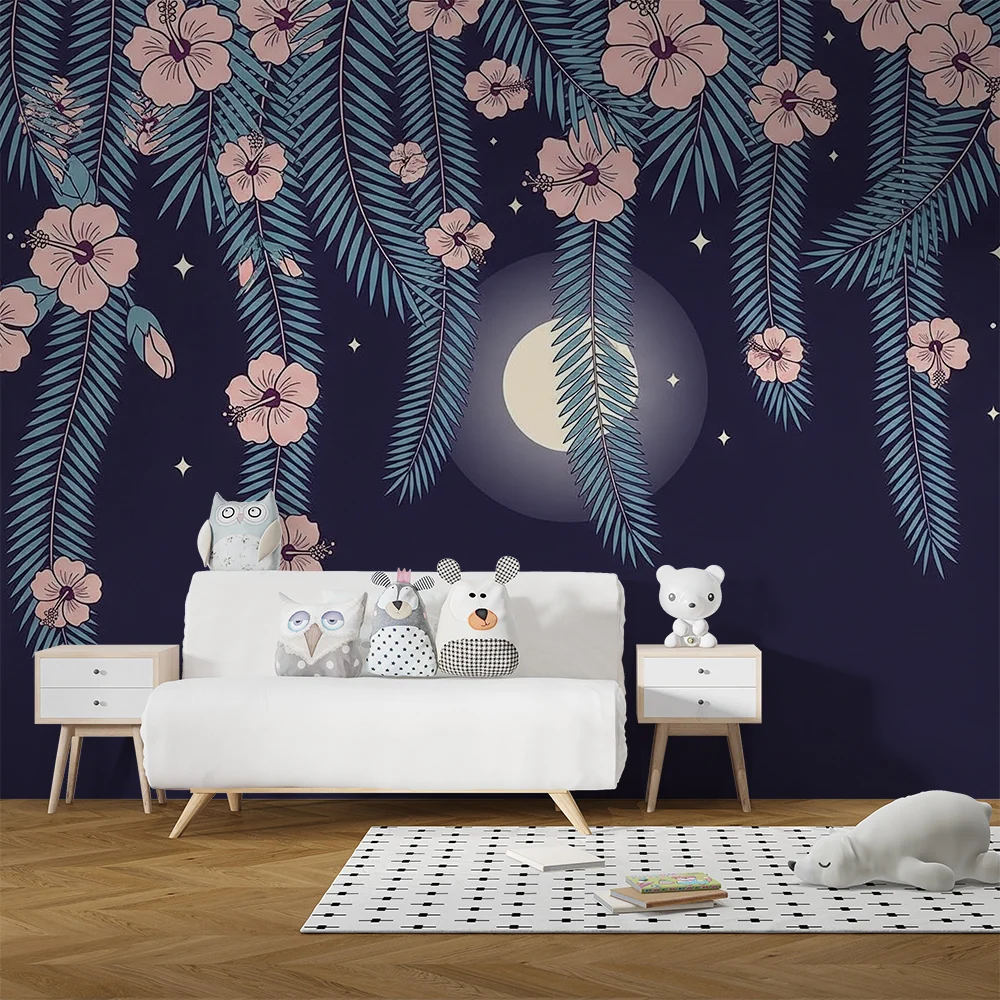 Papier peint chambre bébé | Fleurs exotiques sous la lune