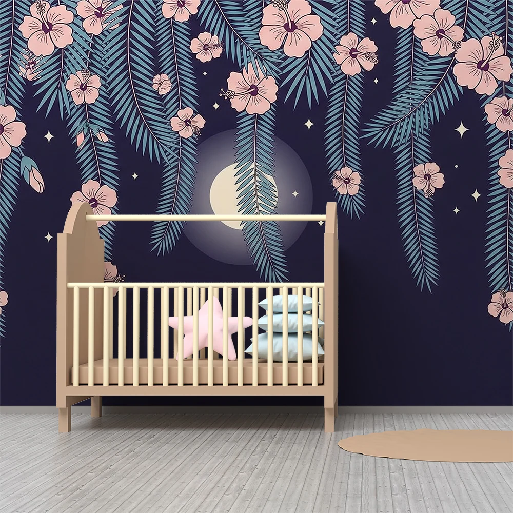 Papier peint chambre bébé | Fleurs exotiques sous la lune