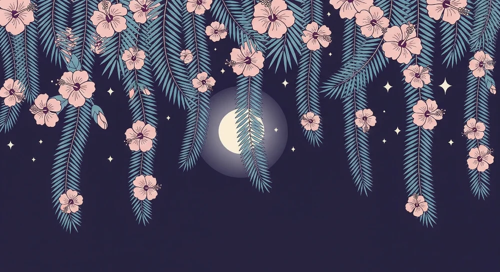 Papier peint chambre bébé | Fleurs exotiques sous la lune