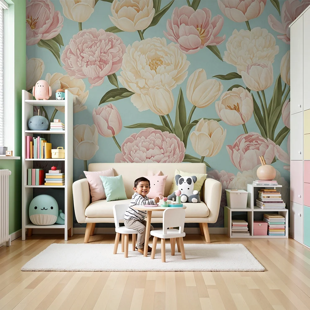 Papier peint chambre bébé | Fleurs pastel et douceur printanière