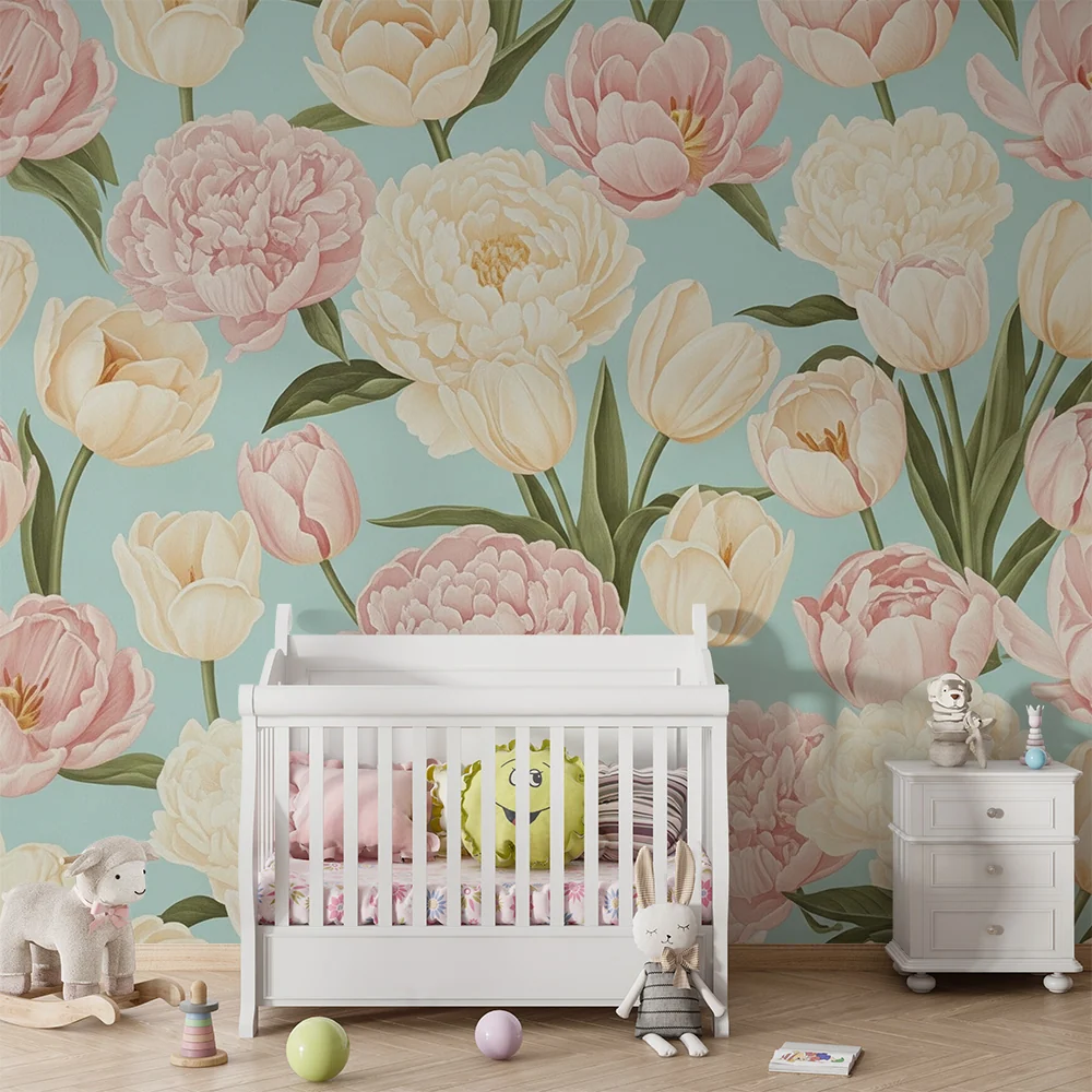 Papier peint chambre bébé | Fleurs pastel et douceur printanière