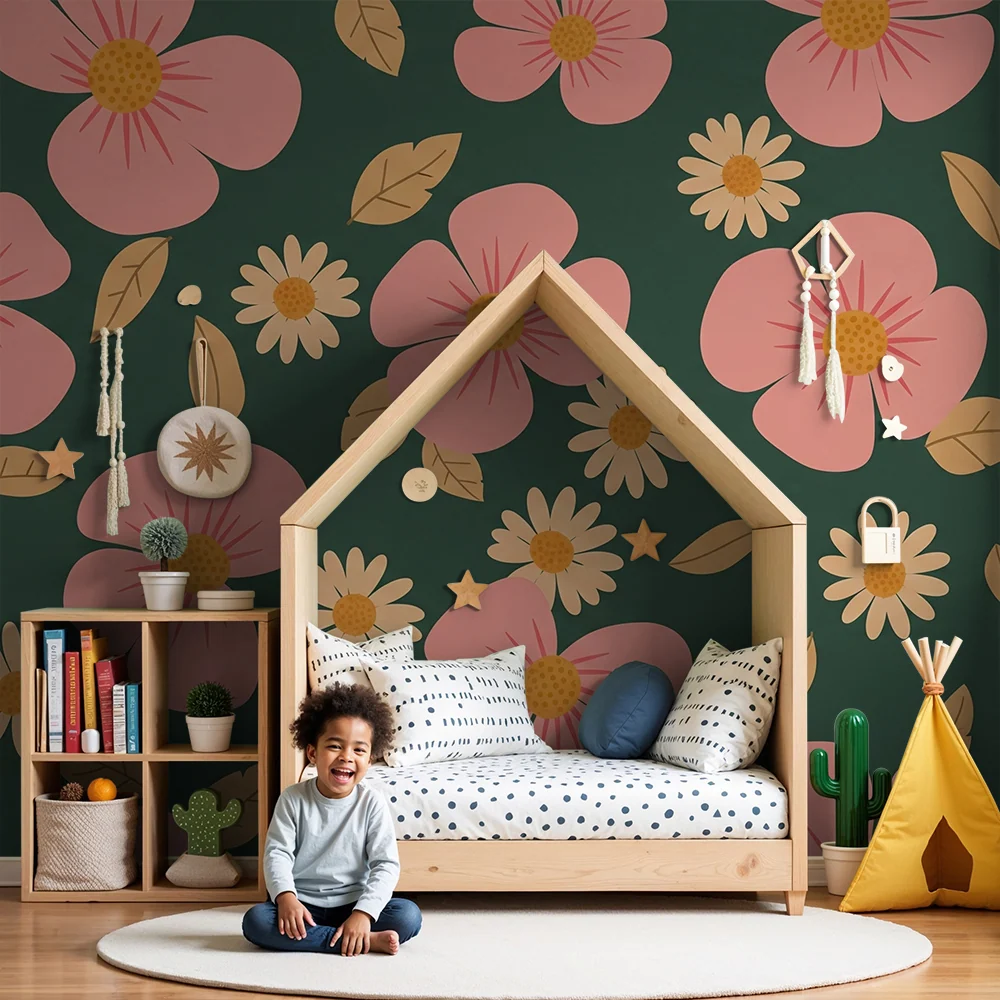 Papier peint chambre bébé | Fleurs roses et marguerites jaune sur fond vert