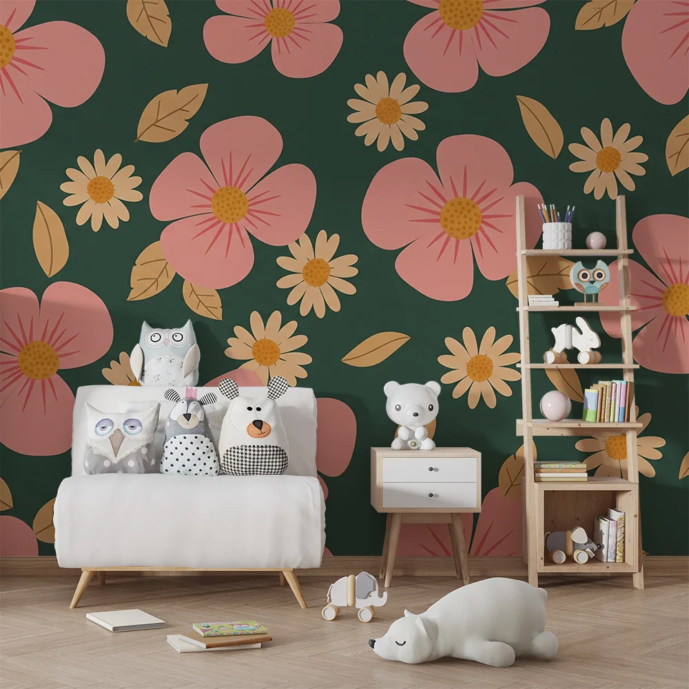 Papier peint chambre bébé | Fleurs roses et marguerites jaune sur fond vert