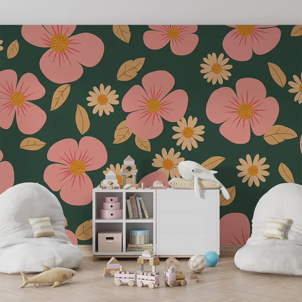 Papier peint chambre bébé | Fleurs roses et marguerites jaune sur fond vert