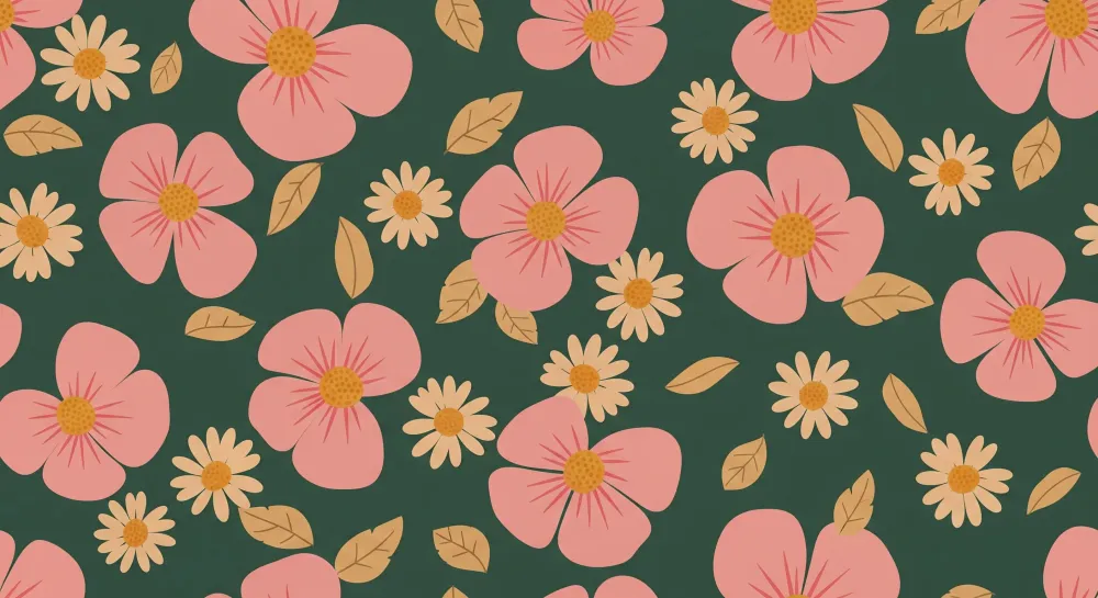 Papier peint chambre bébé | Fleurs roses et marguerites jaune sur fond vert