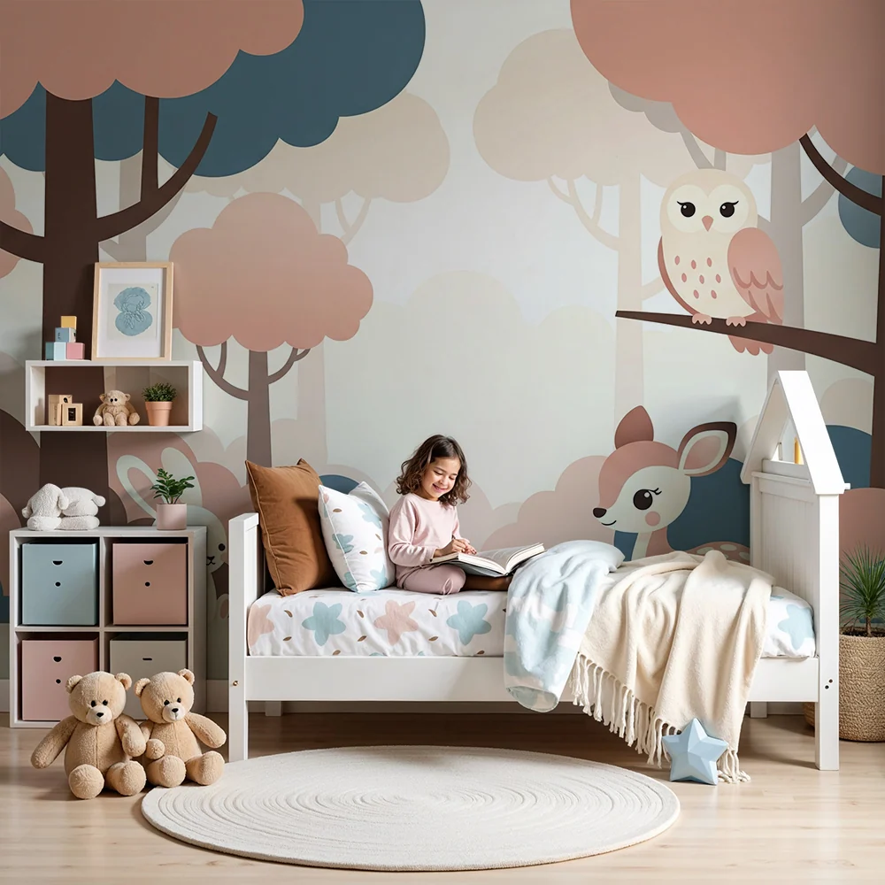 Papier peint chambre bébé | êt douce avec un lapin, un cerf et une chouette
