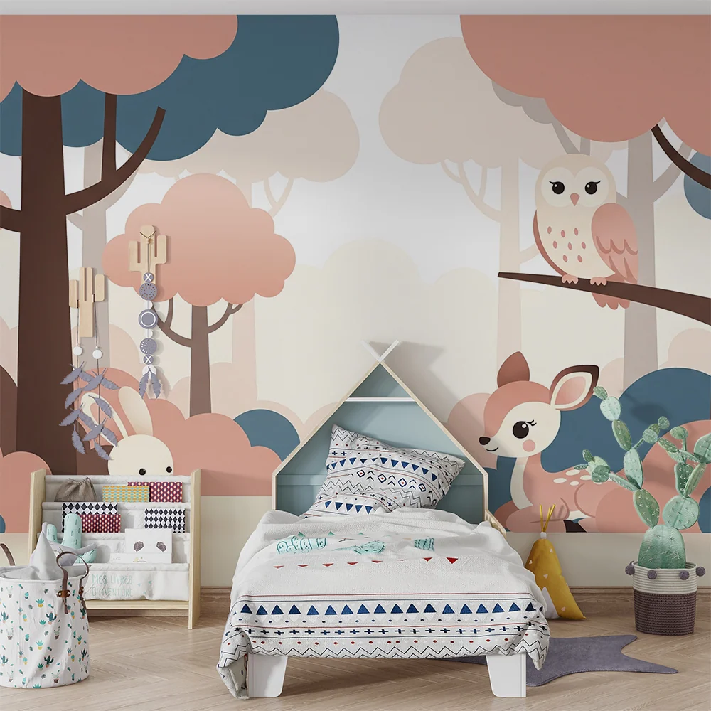 Papier peint chambre bébé | êt douce avec un lapin, un cerf et une chouette