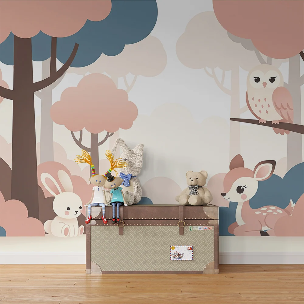 Papier peint chambre bébé | êt douce avec un lapin, un cerf et une chouette